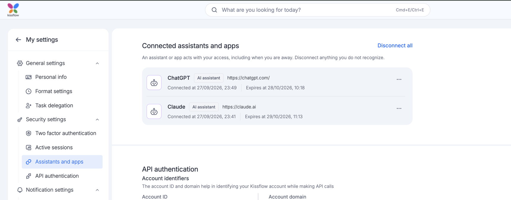 Asistentes y aplicaciones en Mi configuración y Configuración de seguridad