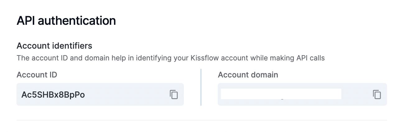 Account identifiers section showing the Account ID and Account domain fields with copy controls