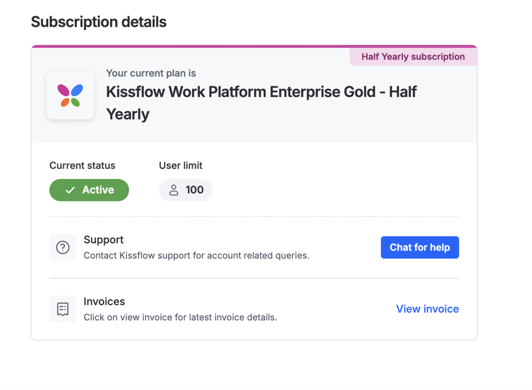 Subscription and billing page showing plan status and user license details