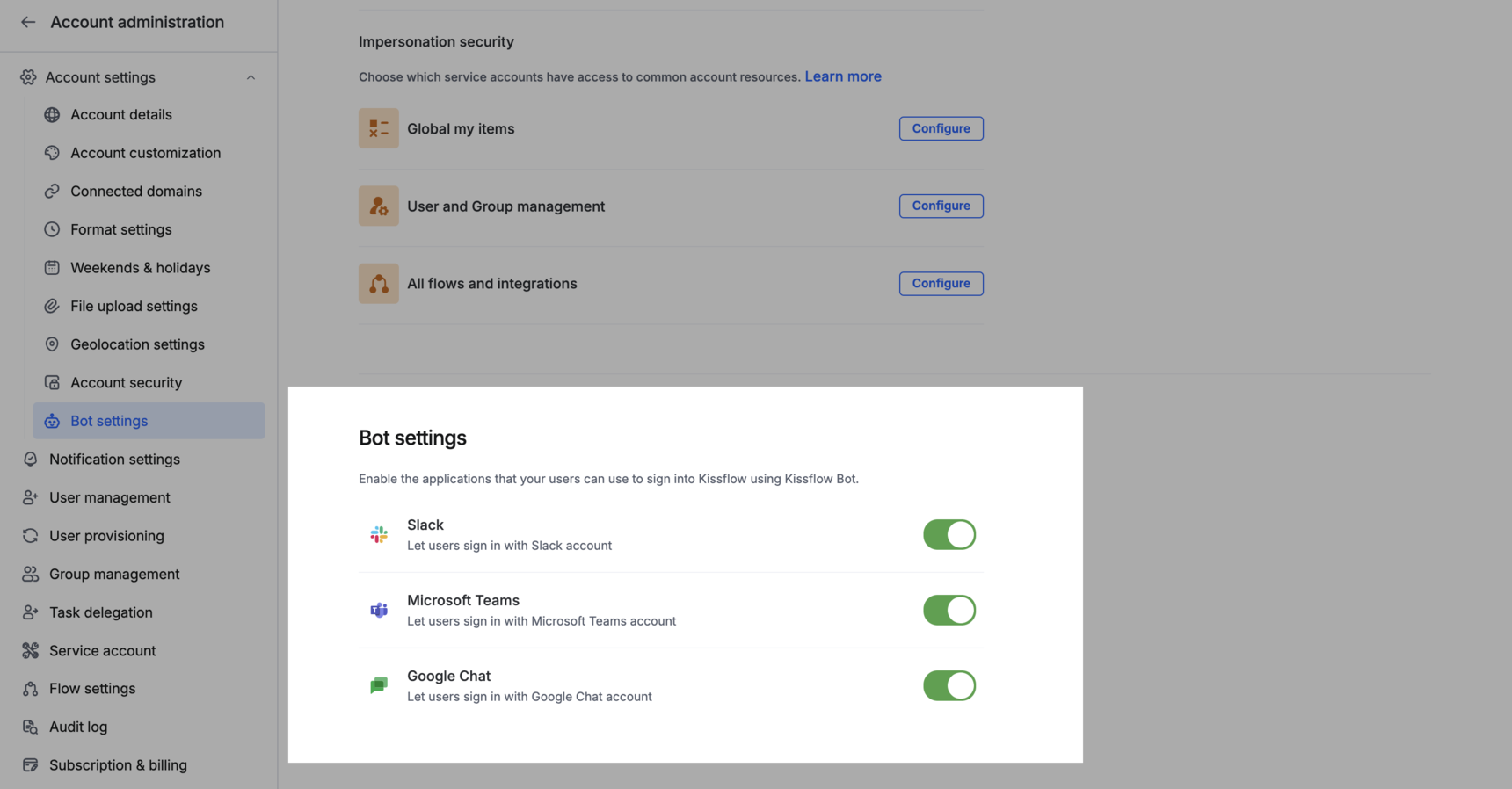 Bot settings page with toggles for Google Chat, Slack, and Microsoft Teams