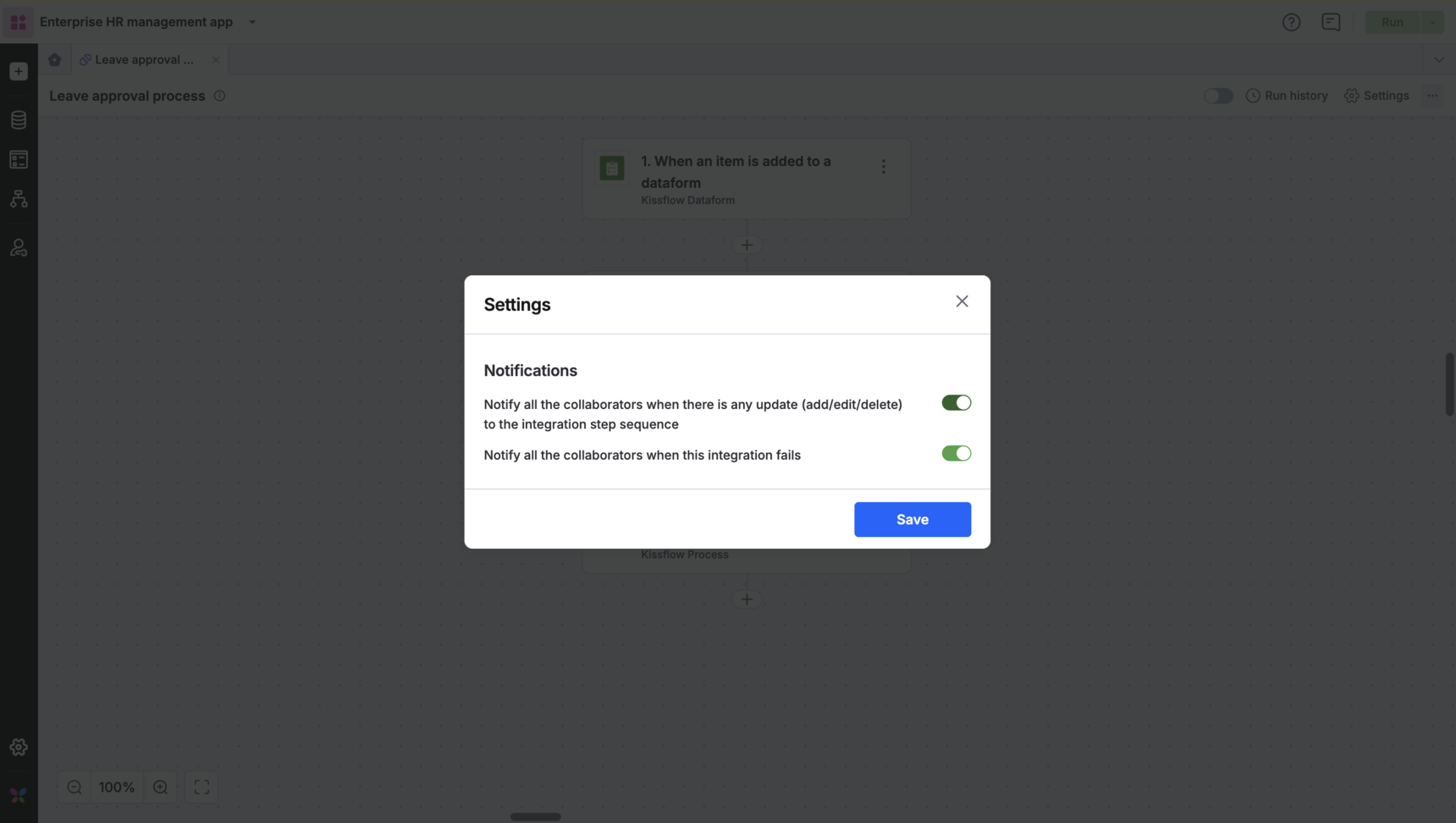 The integration Settings dialog with the two notification toggles and the Save button