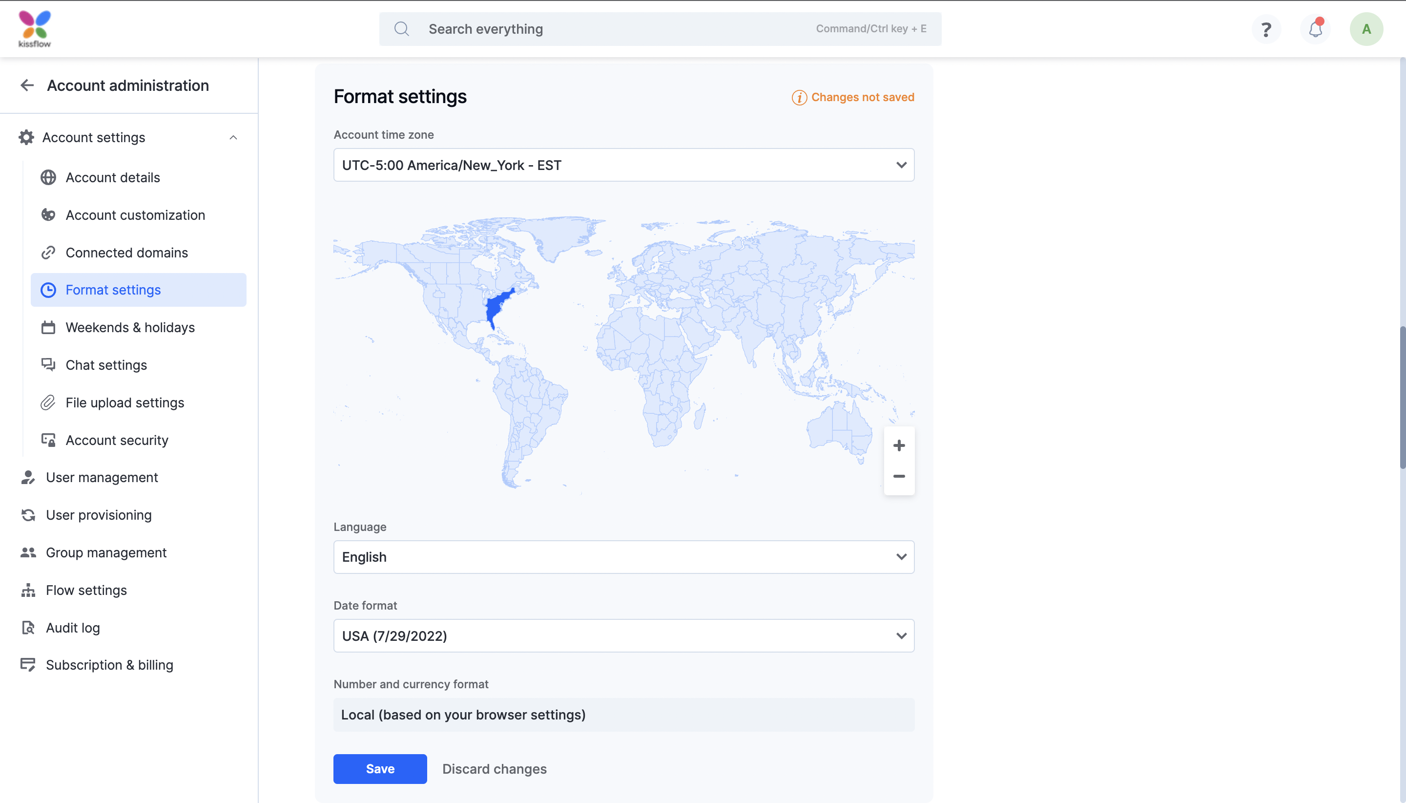 Format settings page with the timezone map, language, and date format options