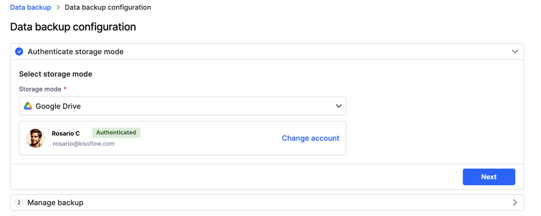Storage mode authentication step with Google Drive selected