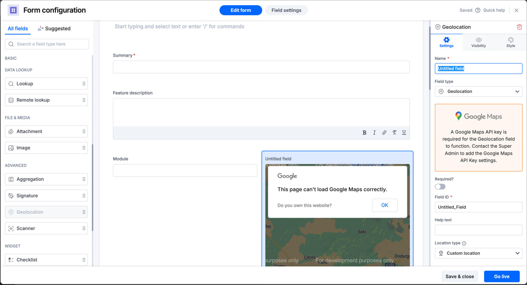 Geolocation field on a form showing a Google Maps loading error