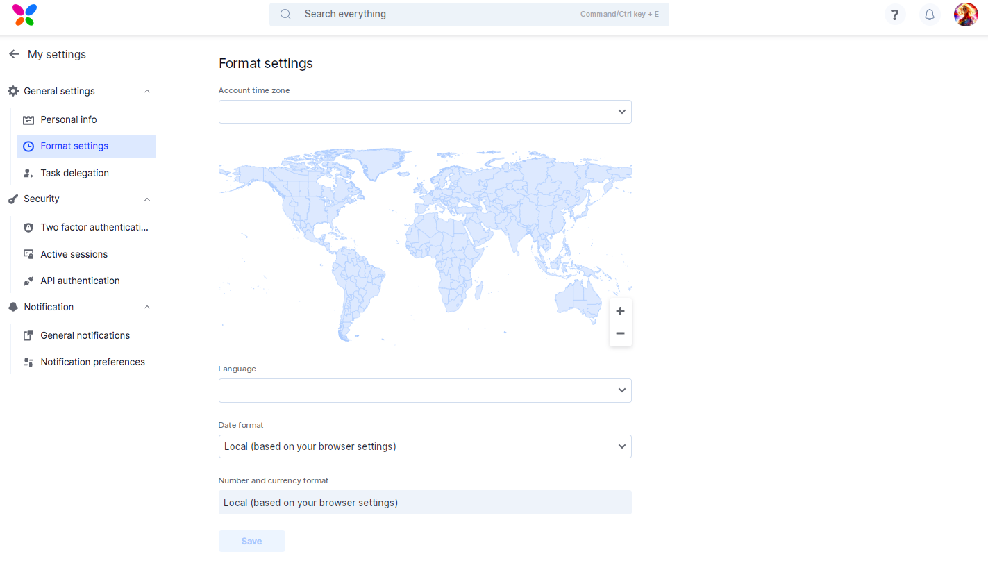 Format settings page with account time zone, language, and date format options