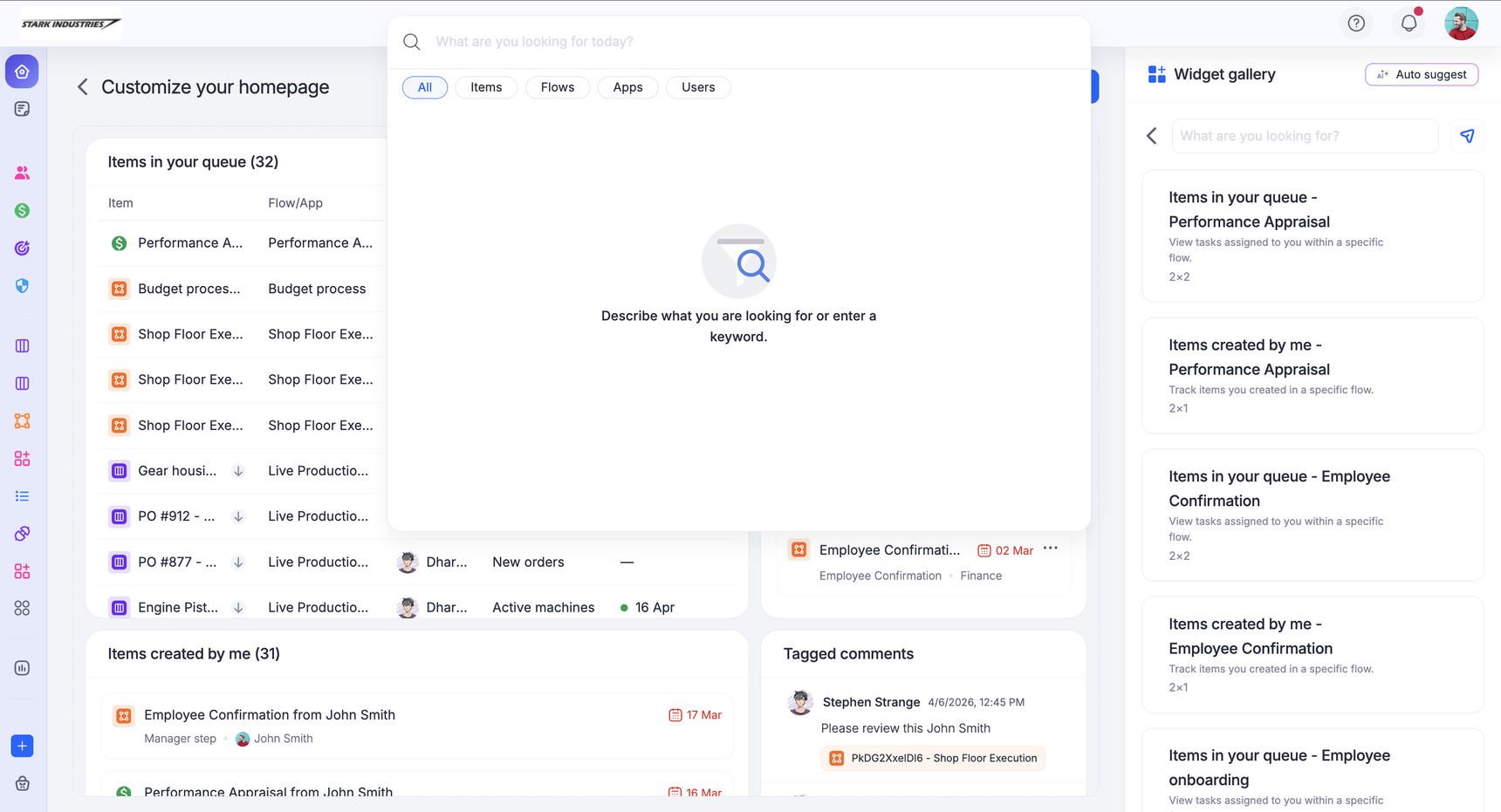 Global search bar open with search results listed below it