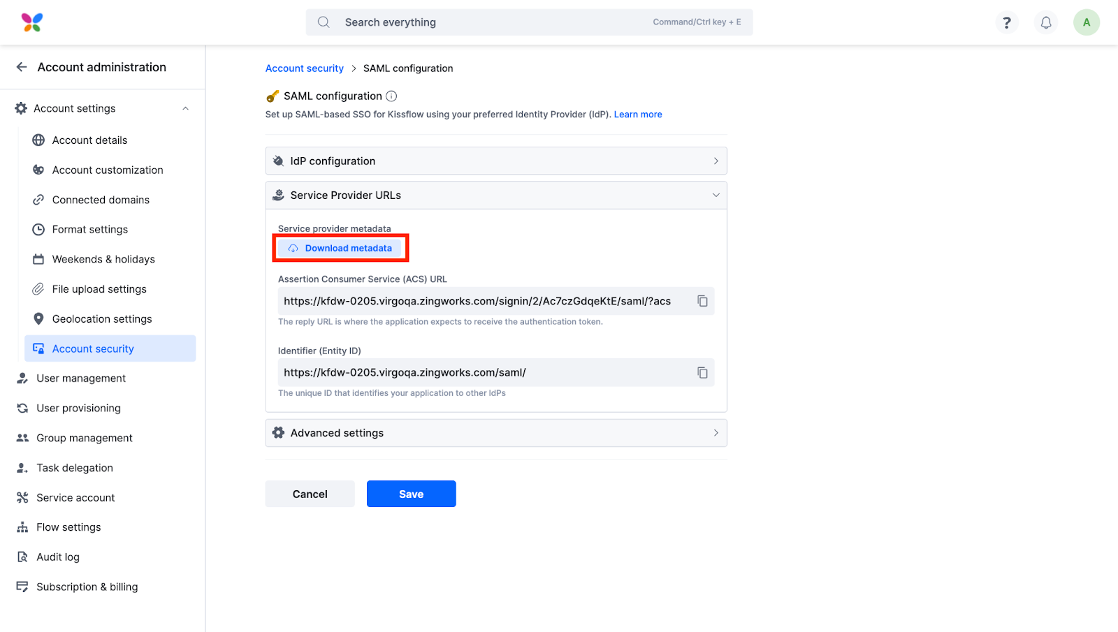 Service Provider URLs panel with the Download metadata button