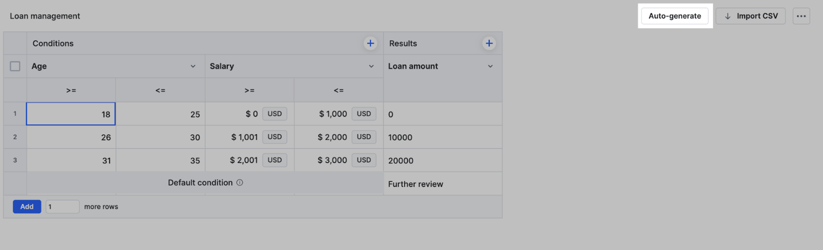 Decision table with the Auto-generate button highlighted in the top-right corner