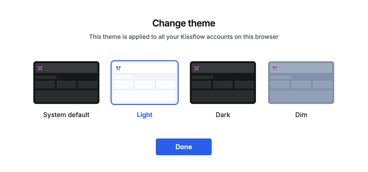 Profile menu open with the Themes option highlighted