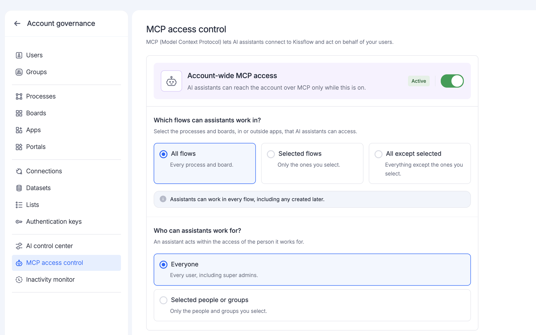 Account governance settings for MCP access control