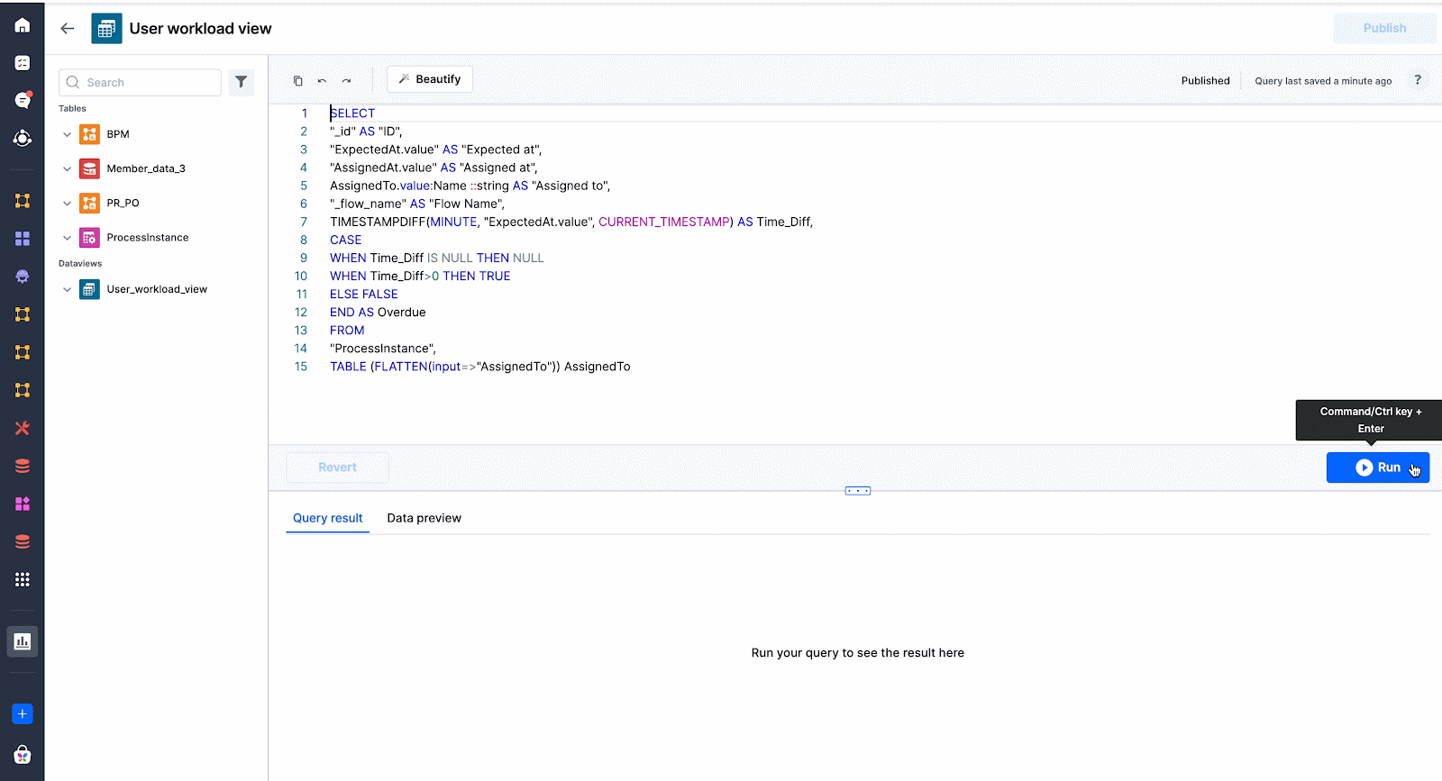 The query builder with the workload SQL entered, the Run button, and the Query result and Data preview tabs