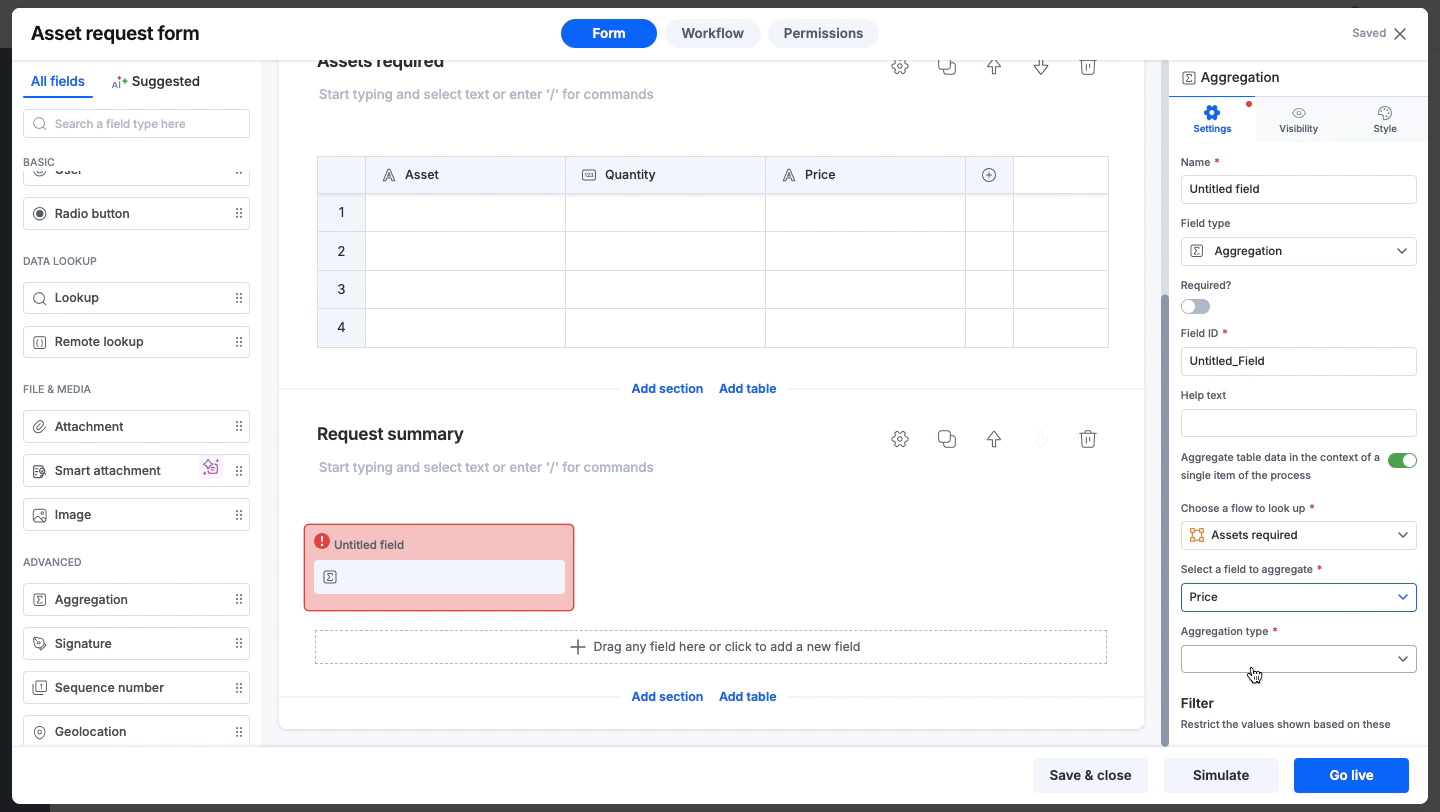 Aggregation field settings with the single-item toggle on, a child table chosen and a column selected