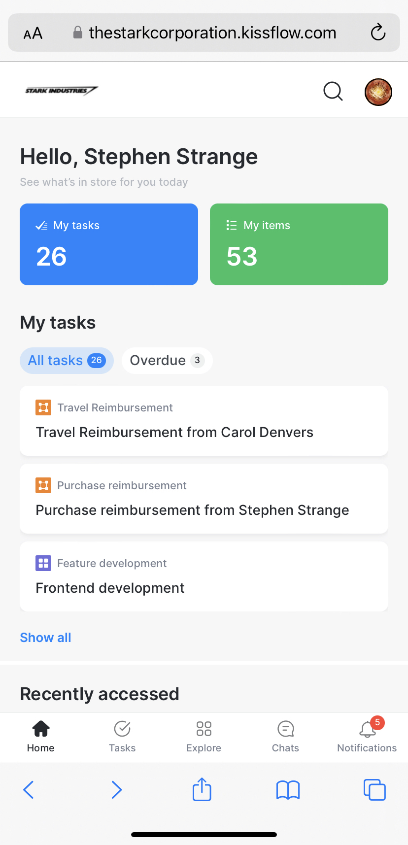 Aplicación web progresiva de Kissflow ejecutándose en un dispositivo iOS