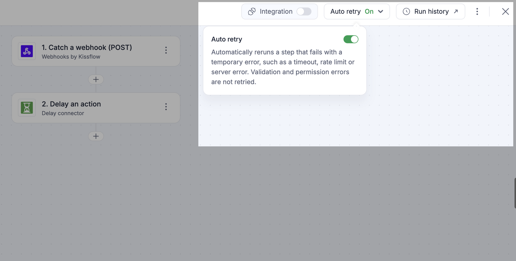 Turning on Auto retry from the integration builder header