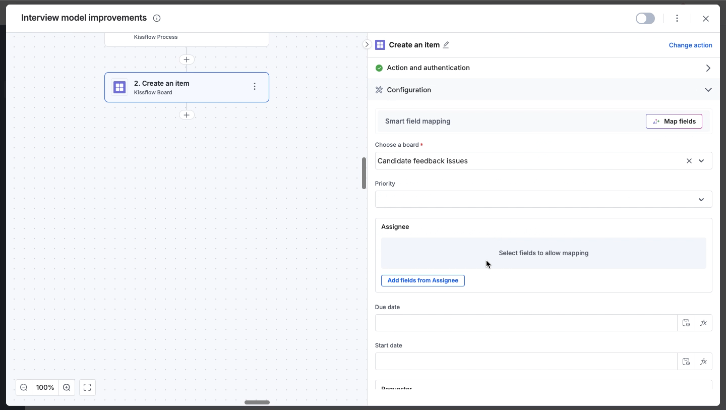 Create an item action from the Kissflow Board connector with the destination board chosen and fields ready to map