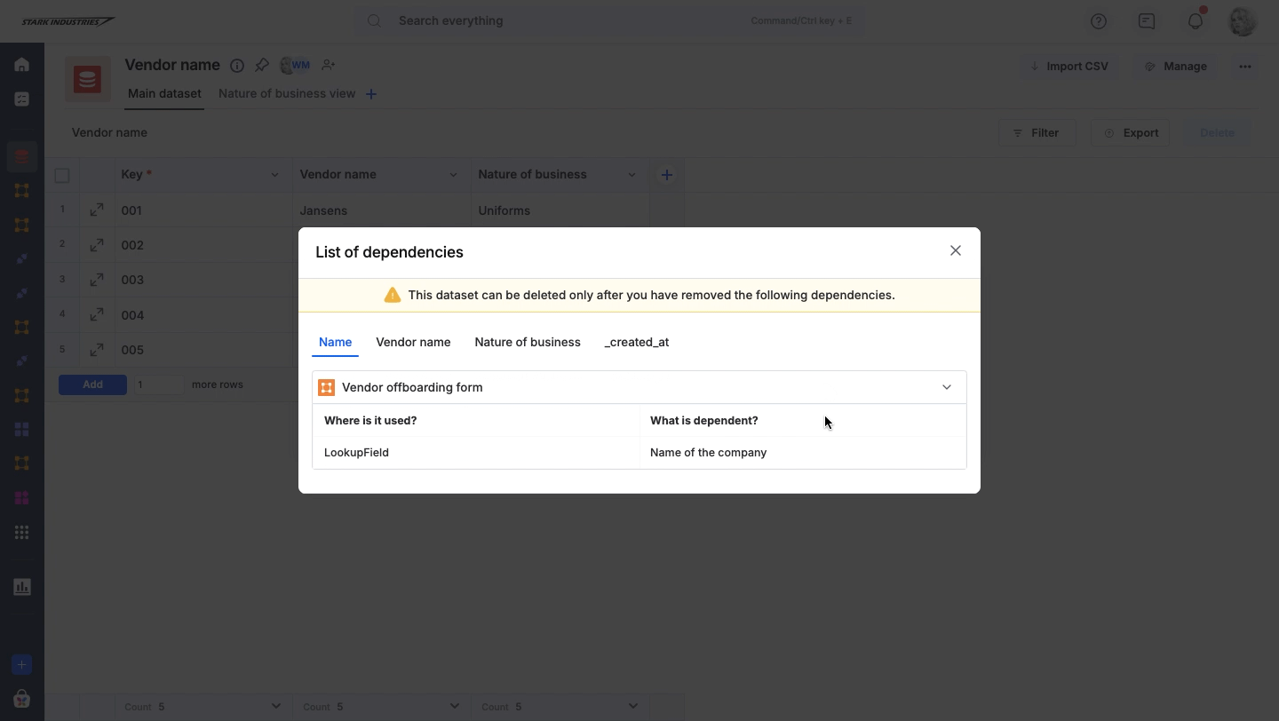 List of dependencies popup shown when deleting a dataset that a lookup field uses