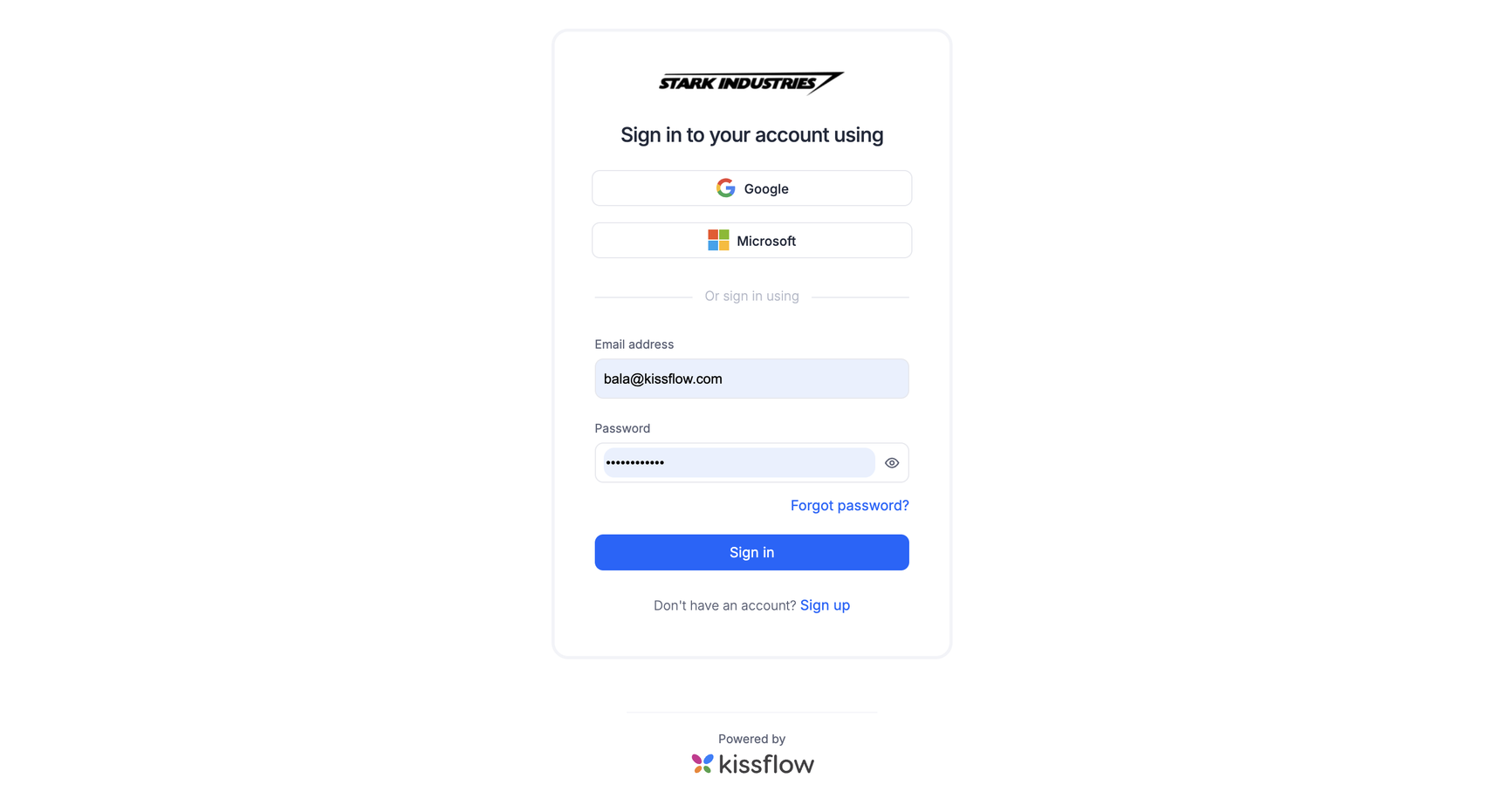The Kissflow sign-in page with Google and Microsoft buttons above the email address and password fields