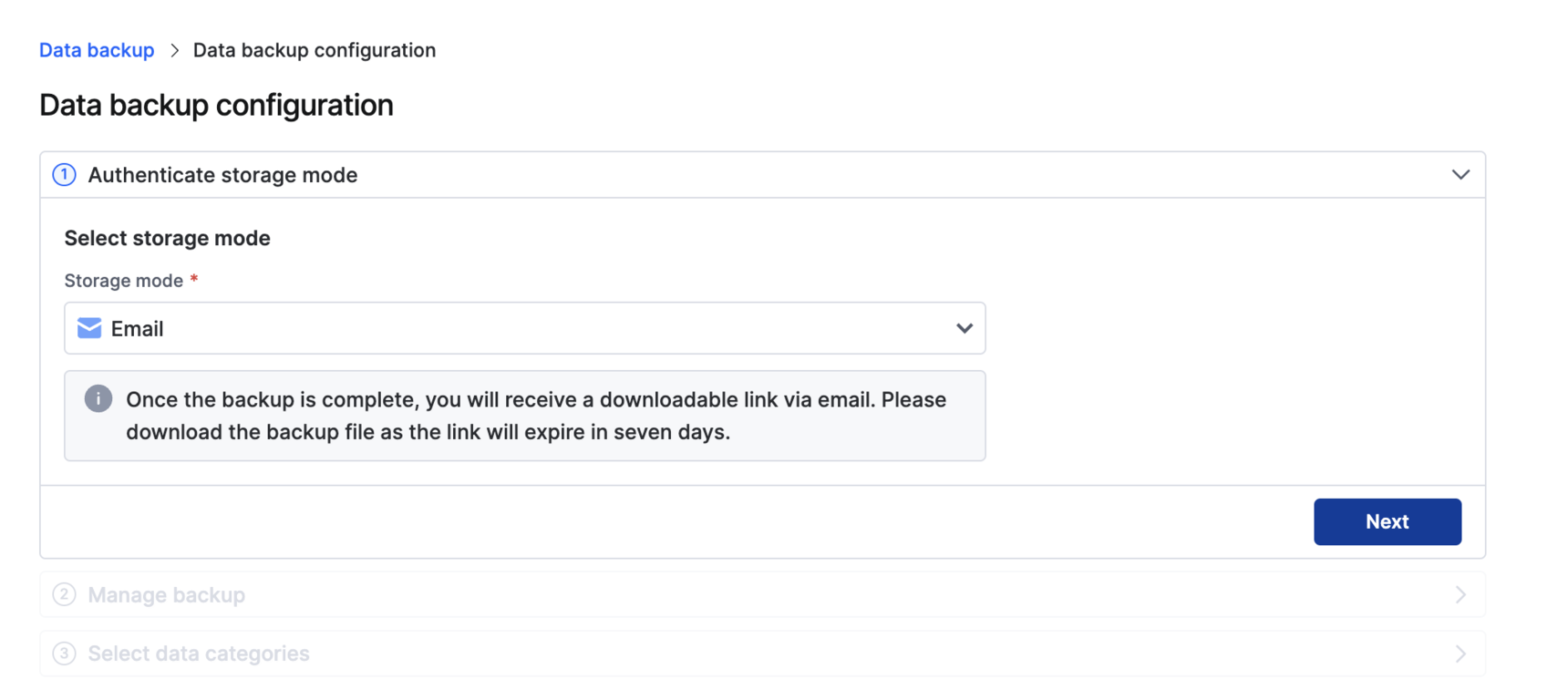 Data backup storage mode dropdown with Email selected