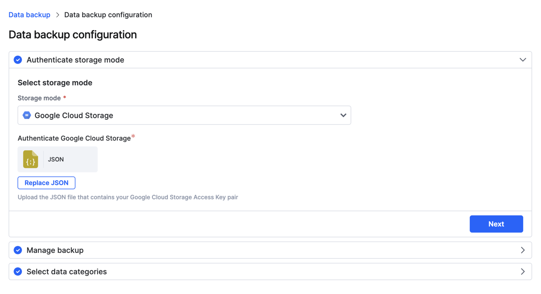 Storage mode dropdown with Google Cloud Storage selected and the Upload JSON button