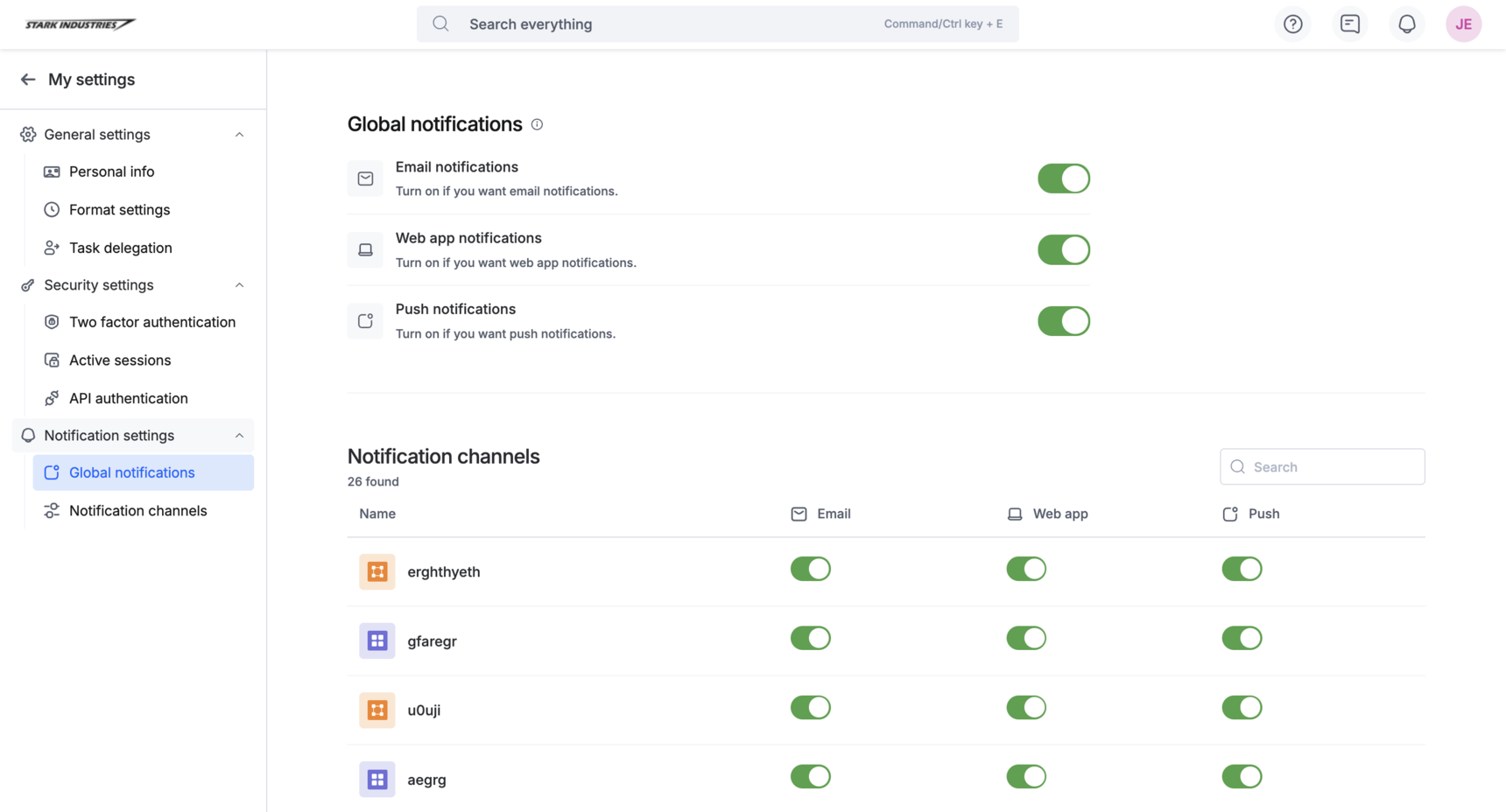 Menú Mi configuración con Configuración de notificaciones resaltada