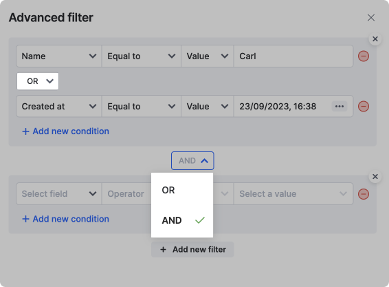 Multiple filter groups joined by an AND/OR operator