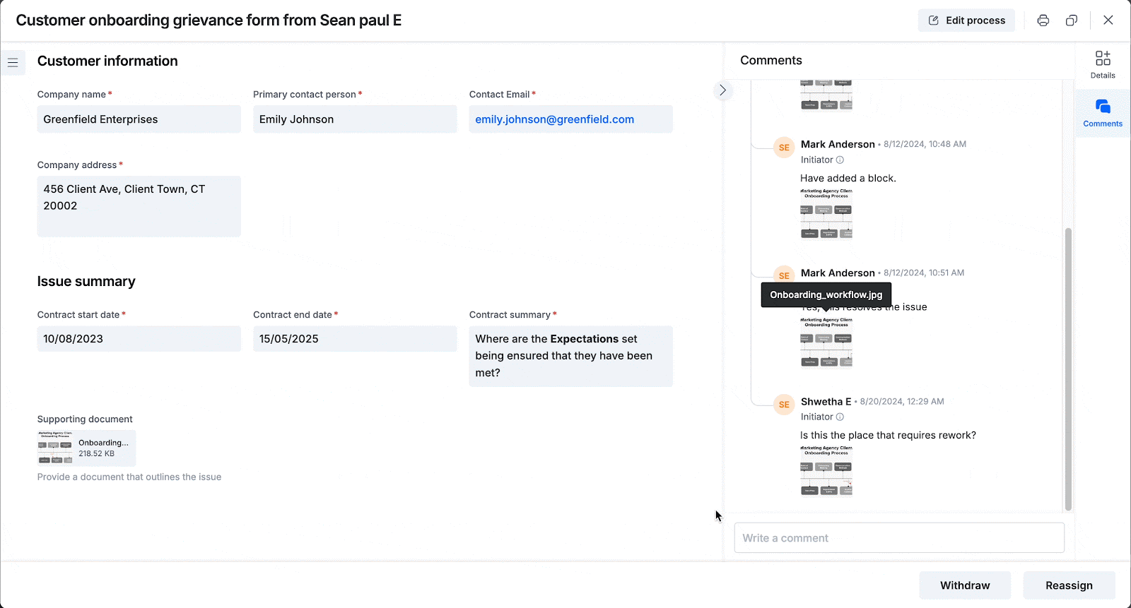 Annotating an image attached to a process comment, then attaching the annotated copy back into the comment thread
