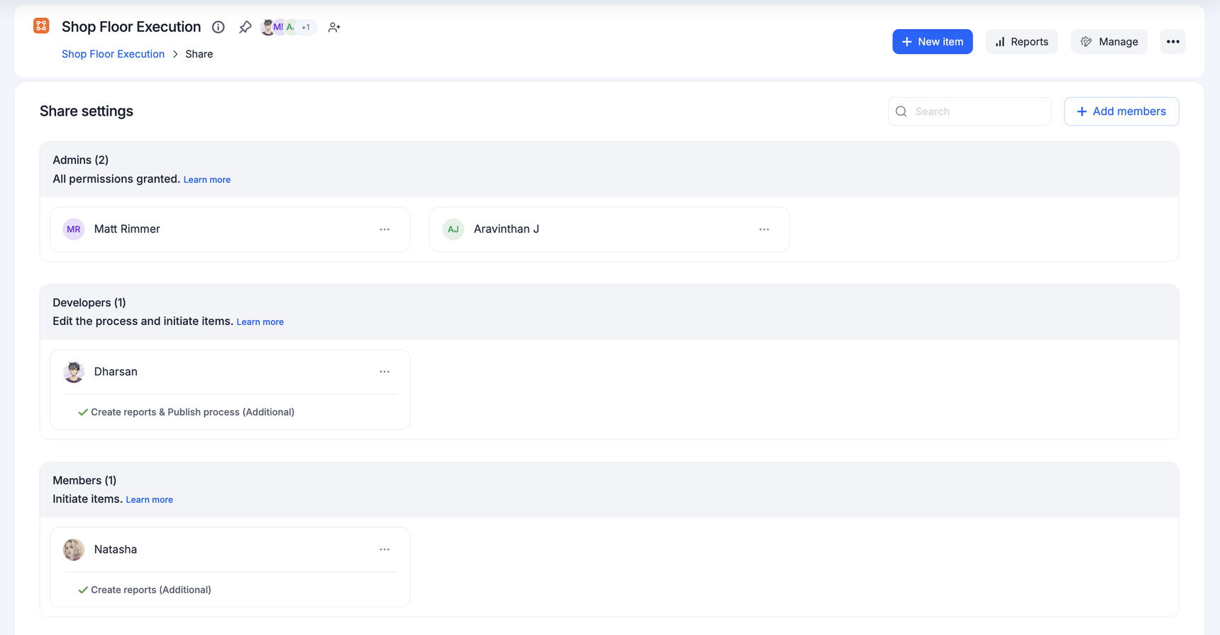Share settings screen for adding members to a process