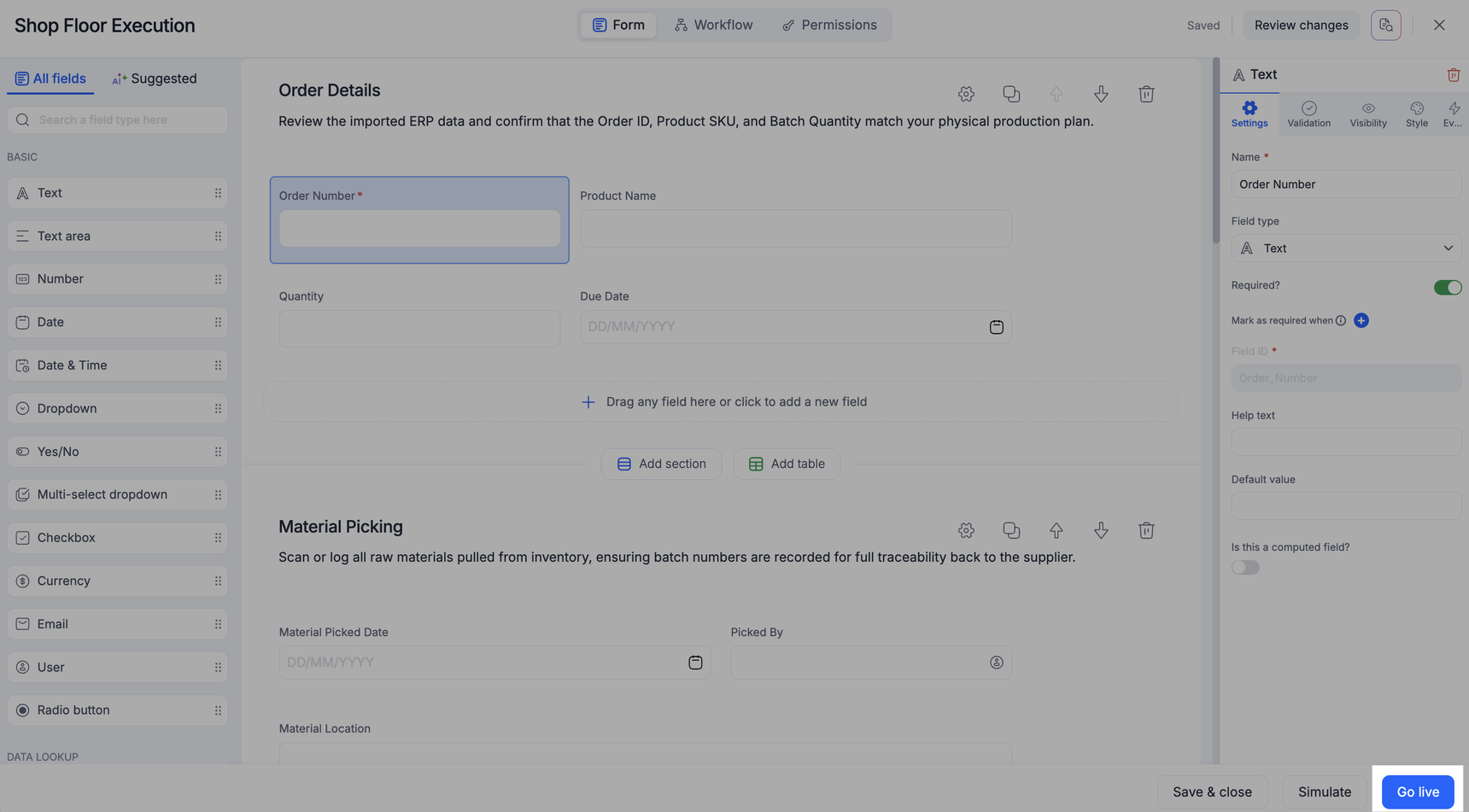 Go live button at the bottom right of the process editor