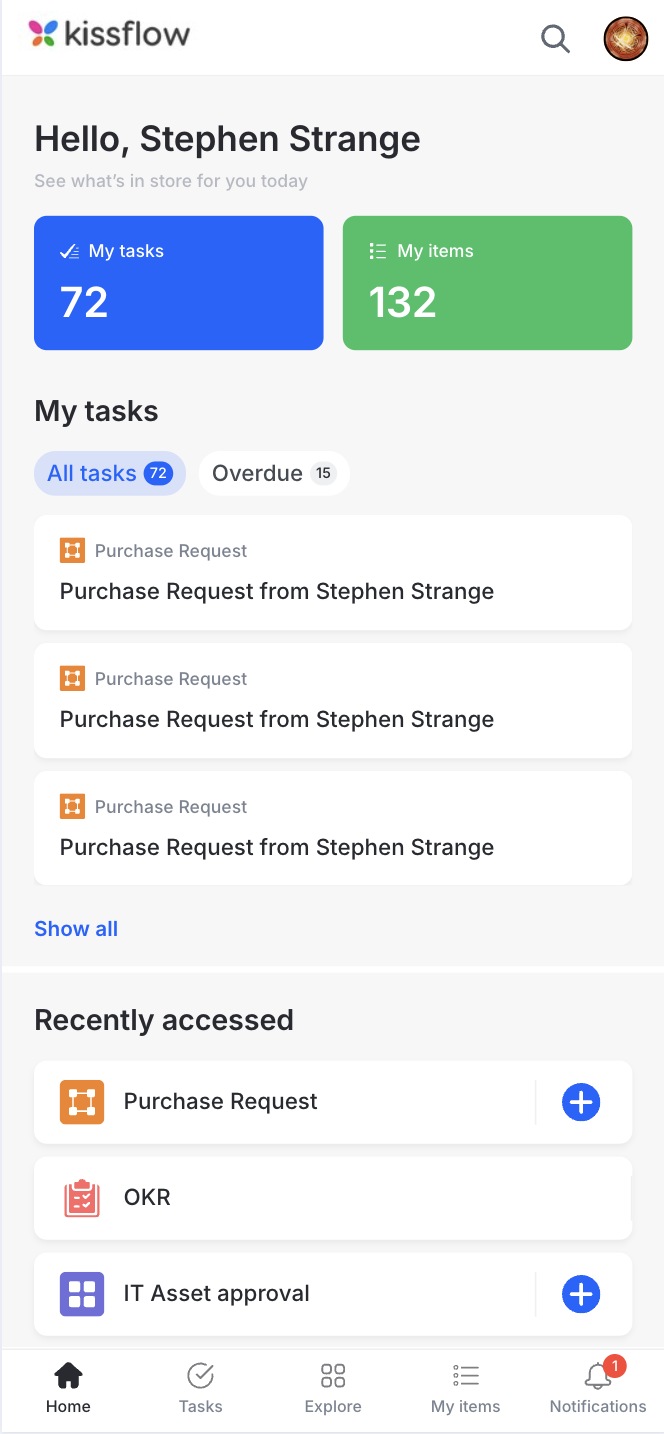 Home dashboard with the My tasks and My items widgets