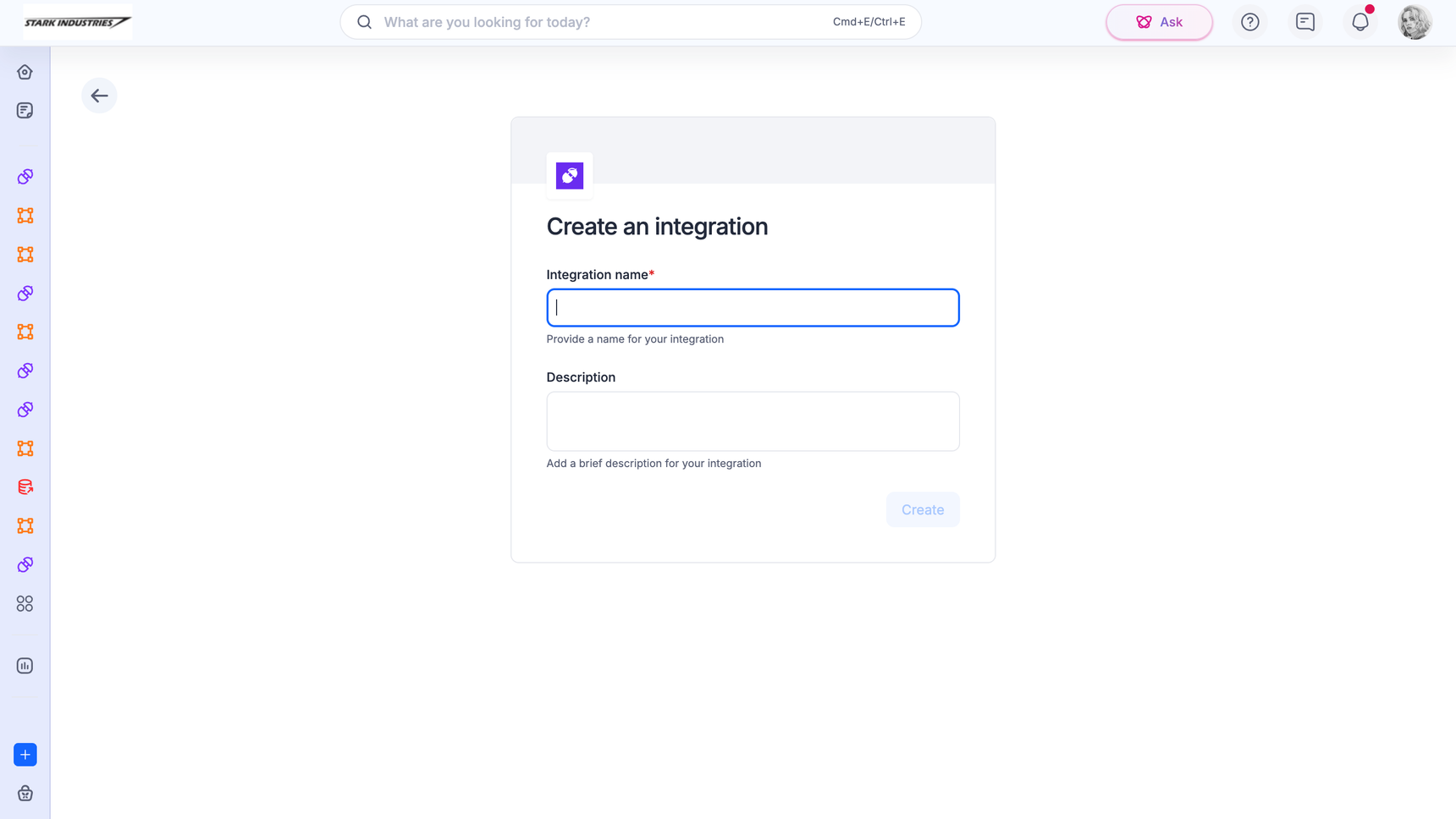 Naming a new integration and creating it