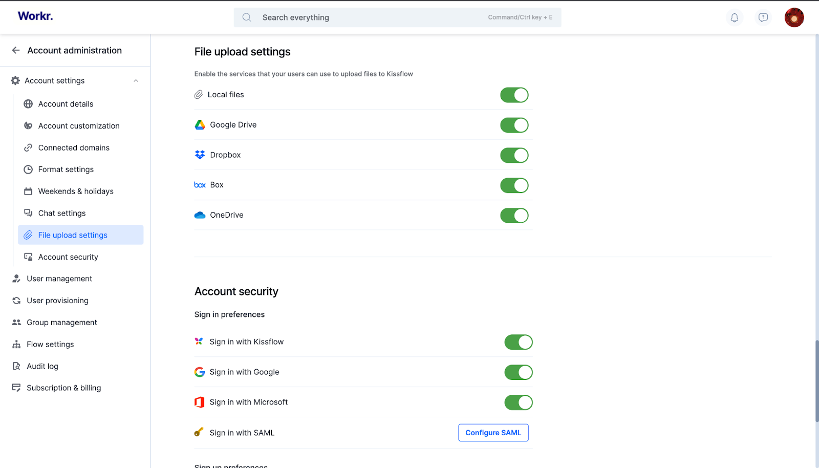 File upload settings page with toggles for Google Drive, Dropbox, Box, OneDrive, and Local files