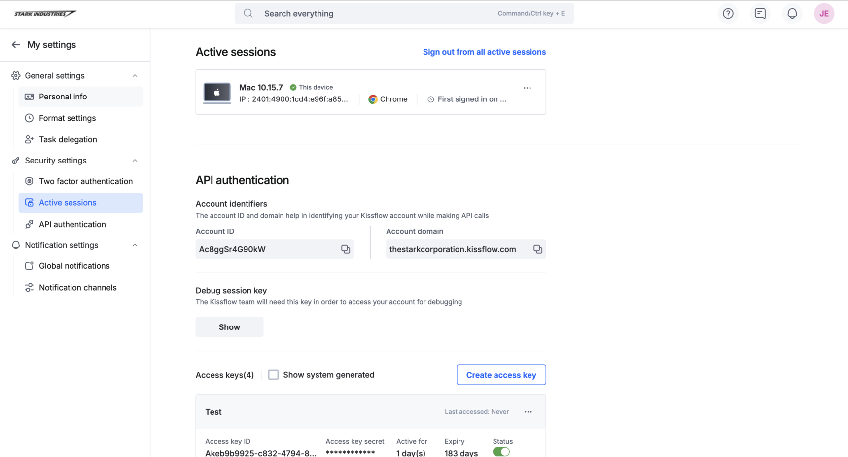 Active sessions page listing signed-in devices with their browser, OS, and IP details