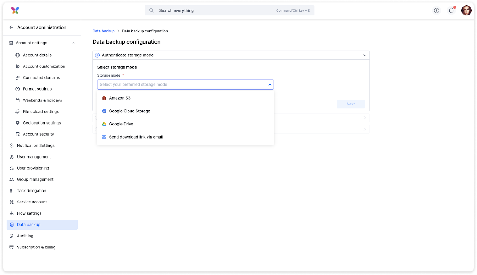 The Storage mode dropdown open, offering Amazon S3, Google Cloud Storage, Google Drive, and Send download link via email