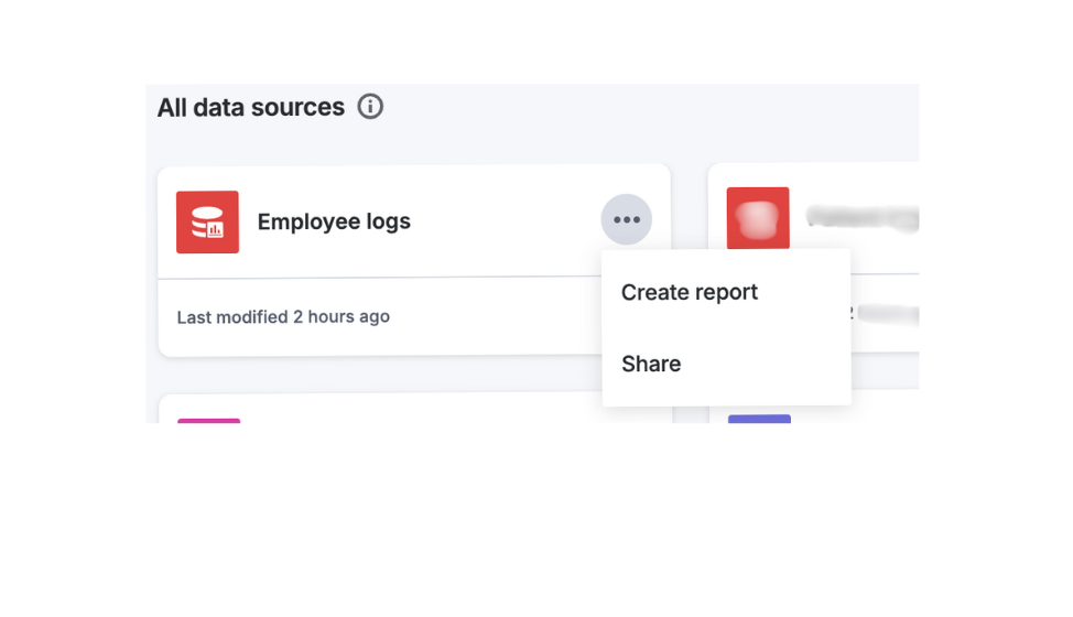 A data source card on the All data sources page, with its More options menu open on Create report and Share