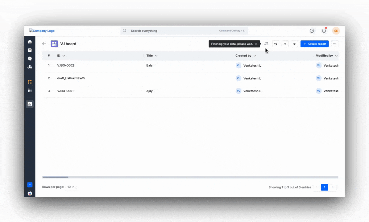A data source opening for the first time, showing a Fetching your data, please wait message while the rows load