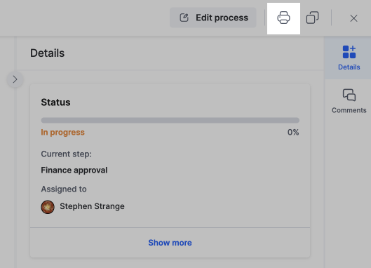 Print button at the top right of an open item