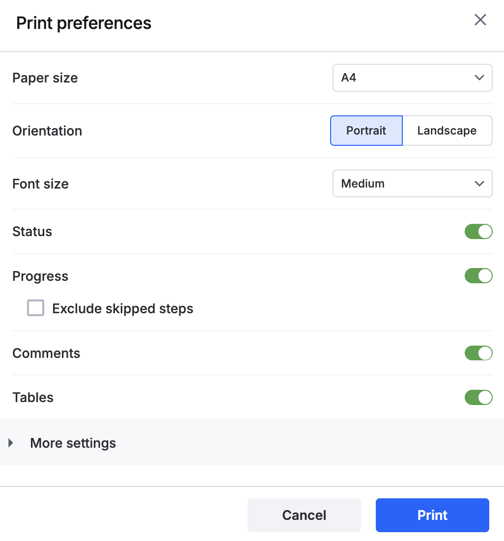 Print options for status, progress, comments, and tables