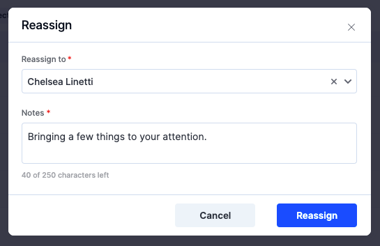 Reassign action selected for multiple items