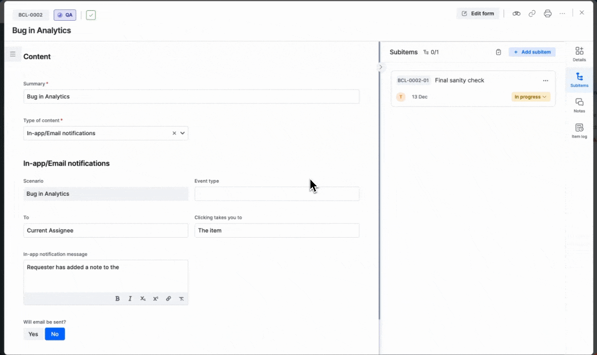 Animation of converting a subitem into an item by mapping its title and description fields