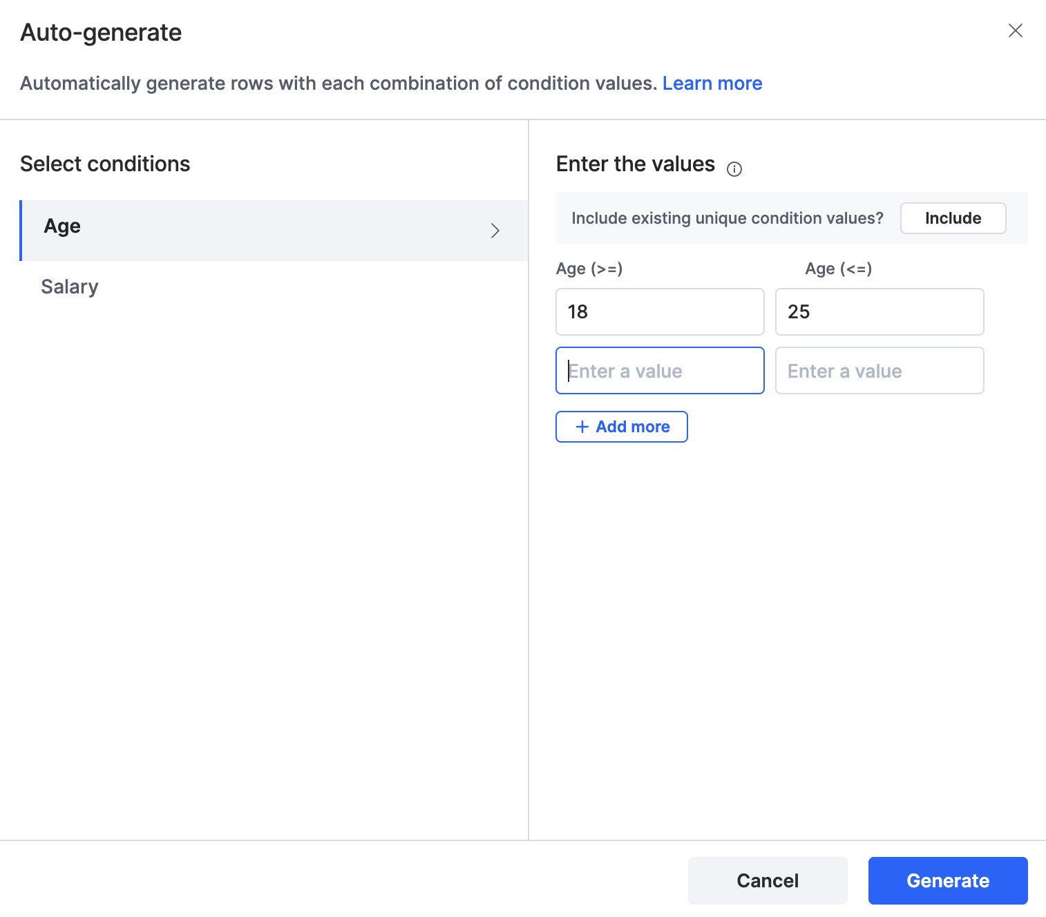 Auto-generate dialog with a condition selected, fields to enter unique values, and an Include button for existing condition values