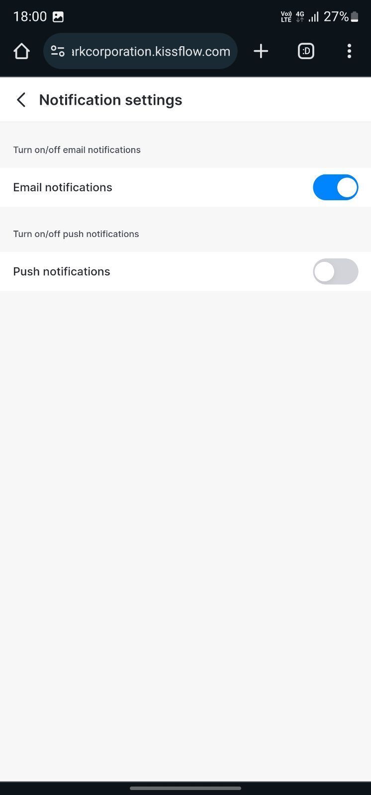 Pantalla de configuración de notificaciones con el interruptor de Notificaciones push activado