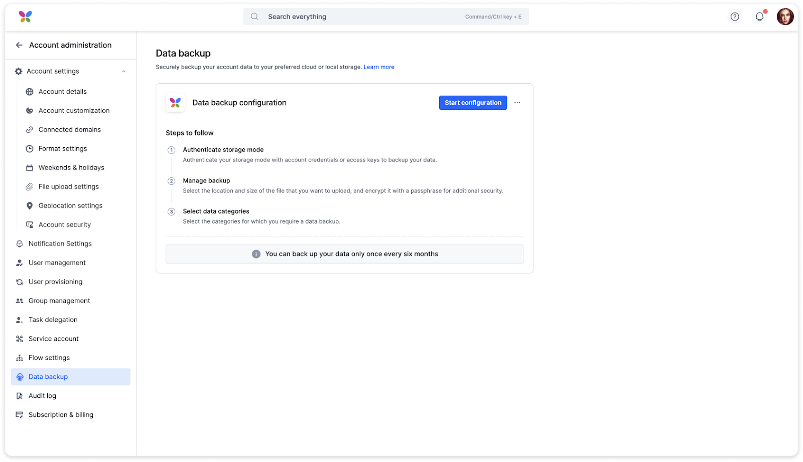 Data backup configuration page showing selectable data categories