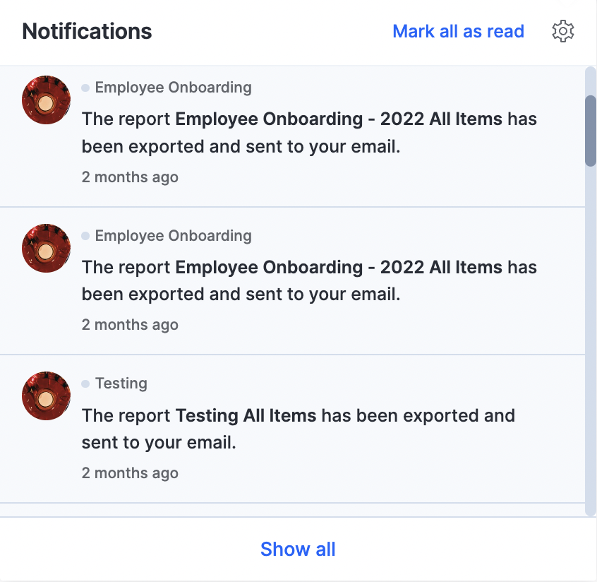 Notification pop-up showing the list of notifications with unread items highlighted and the unread count badge