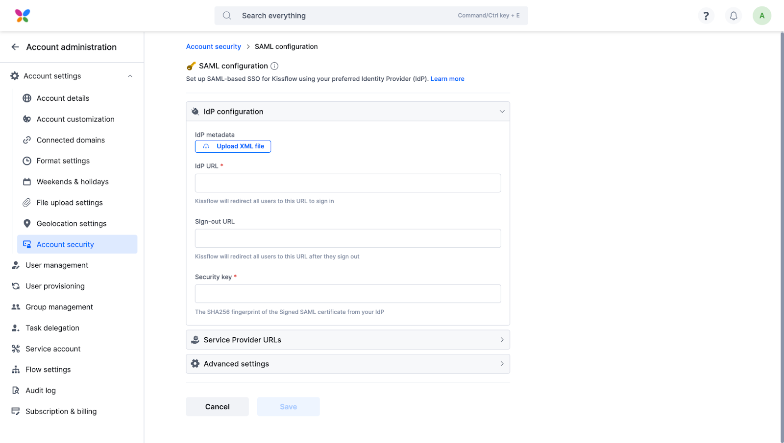 Account security page with the Configure SAML button beside Sign in with SAML