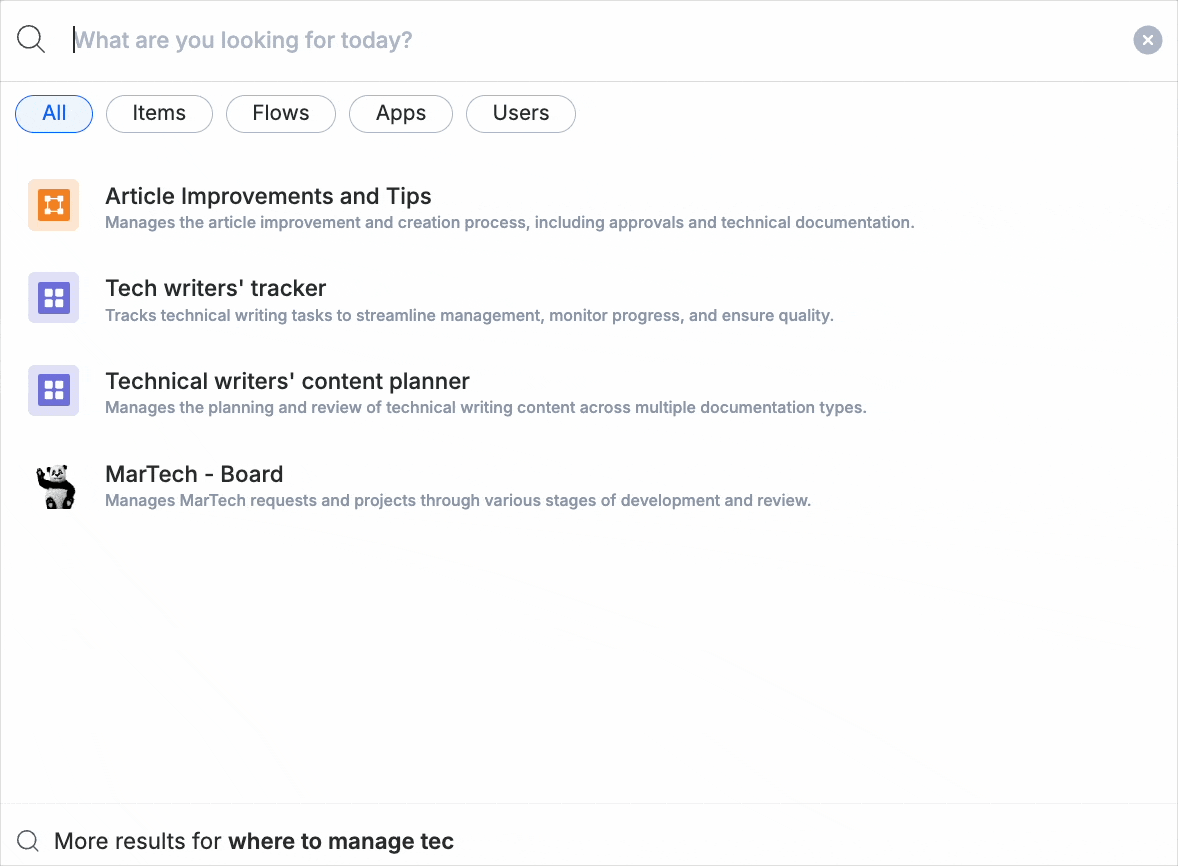 Typing a natural-language description into search and seeing matching workflows appear