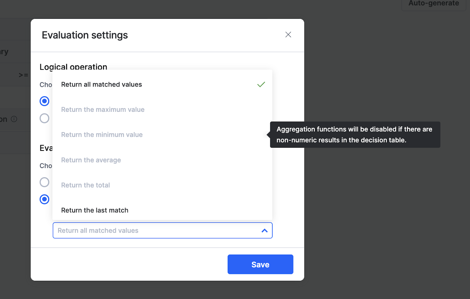 Evaluation settings dialog showing the return options for Evaluate all matches, with aggregation options disabled because of non-numeric results
