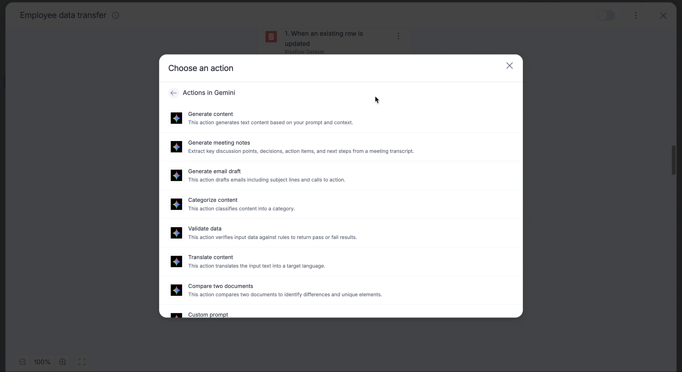 Adding an action step and selecting a Gemini action