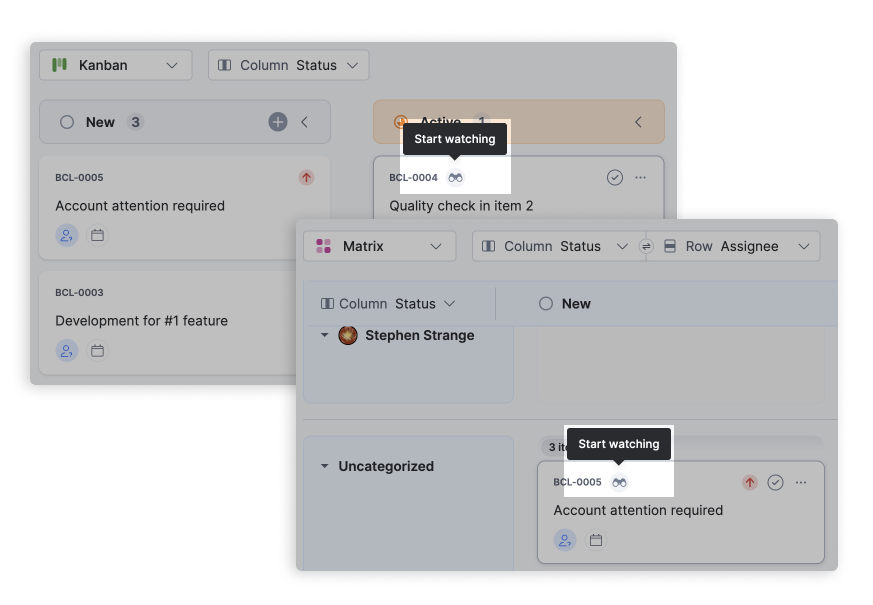 Item card in the kanban layout with the watch button visible