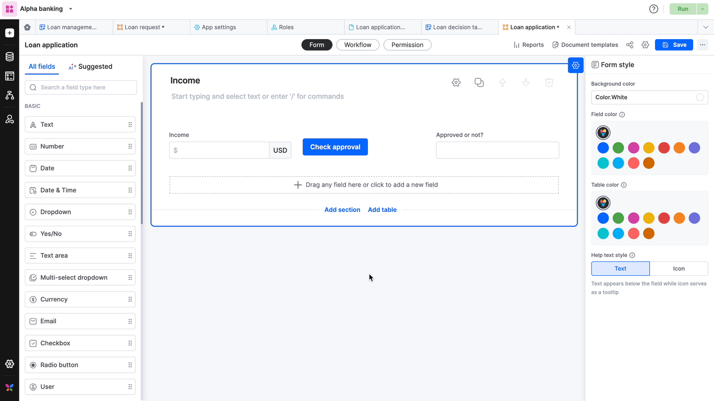 Animation of selecting the Check approval button, opening the Event tab, and clicking Add an event to open the code editor