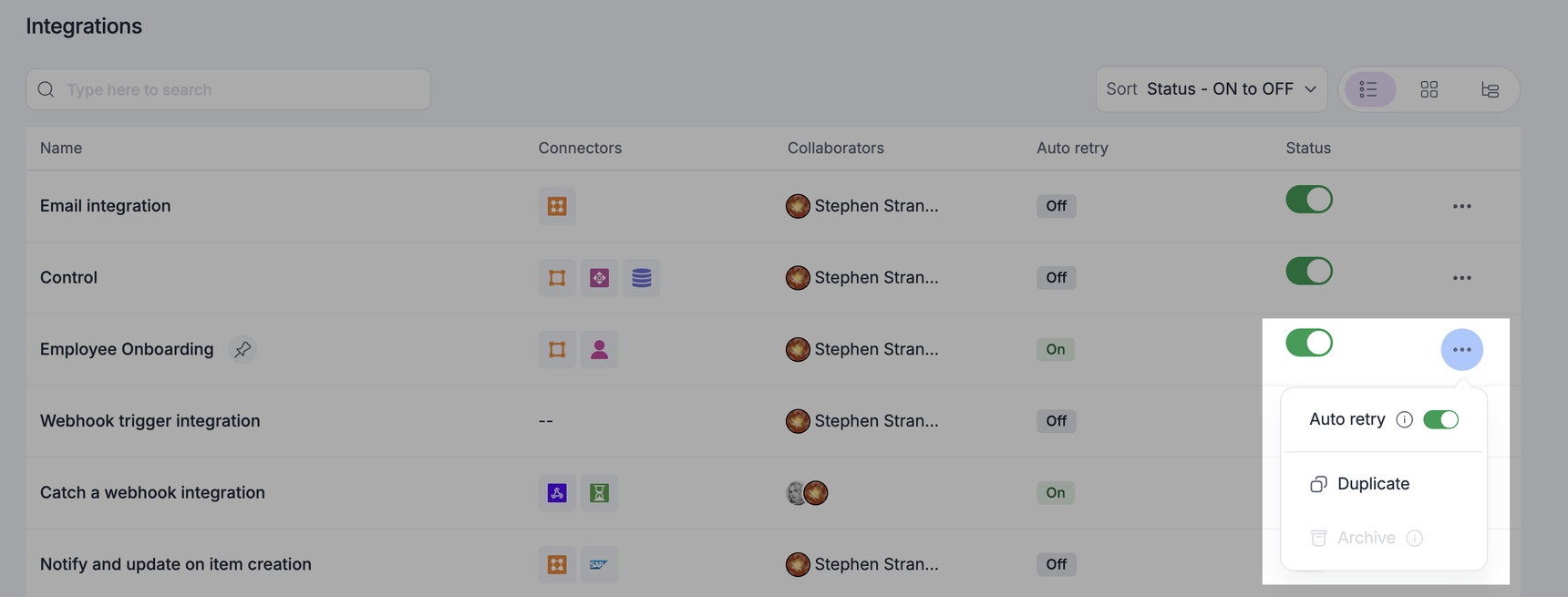 Turning on Auto retry from the integrations list